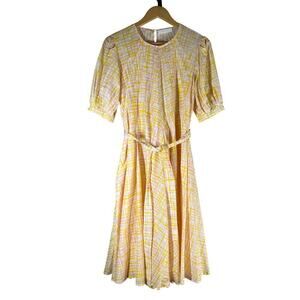 Merlette Wolkers Marigold Crosshatch Print Midi Dress Size Small